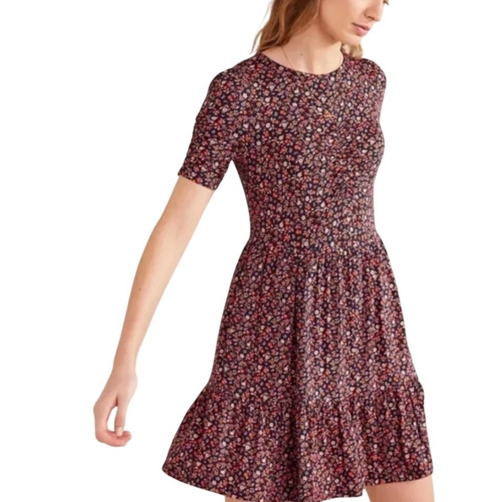 Boden Womens Navy Blue Floral Tiered Jersey Dress 14 R Short‎ Sleeve